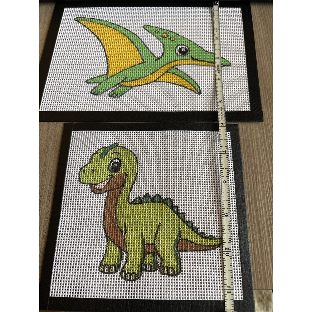 Lot Of 2 Hand Painted Green Dinosaur cross stitch Needlepoints Canvases 14 Mesh - Picture 4 of 4